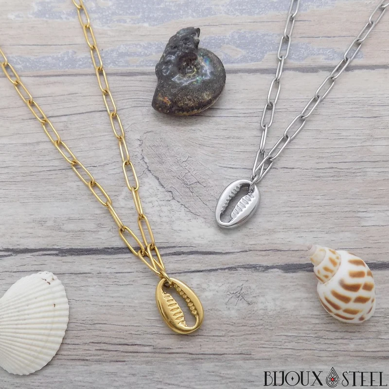 Collier chaîne trombone à pendentif cauri en acier inoxydable