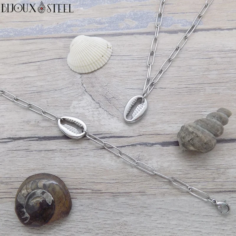 Collier chaîne trombone à pendentif cauri en acier inoxydable