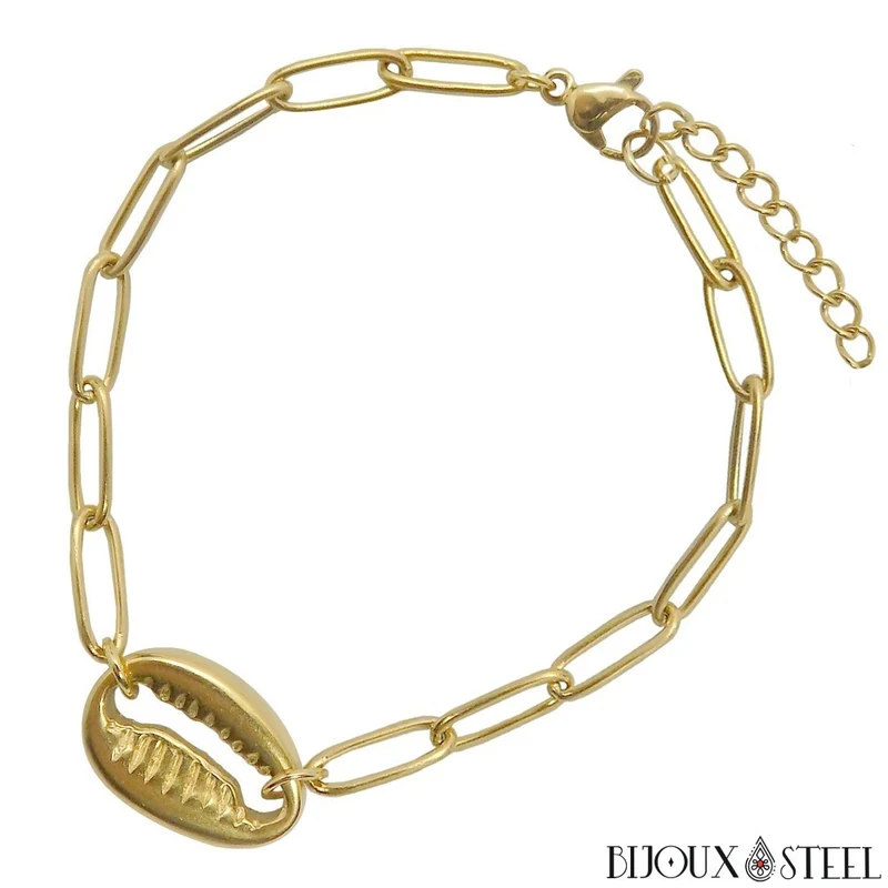 Bracelet cauri à maille trombone en acier inoxydable