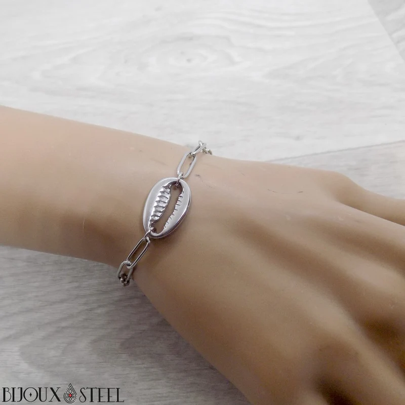 Bracelet cauri à maille trombone en acier inoxydable