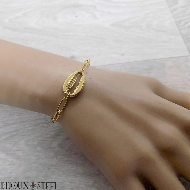 Bracelet cauri à maille trombone en acier inoxydable