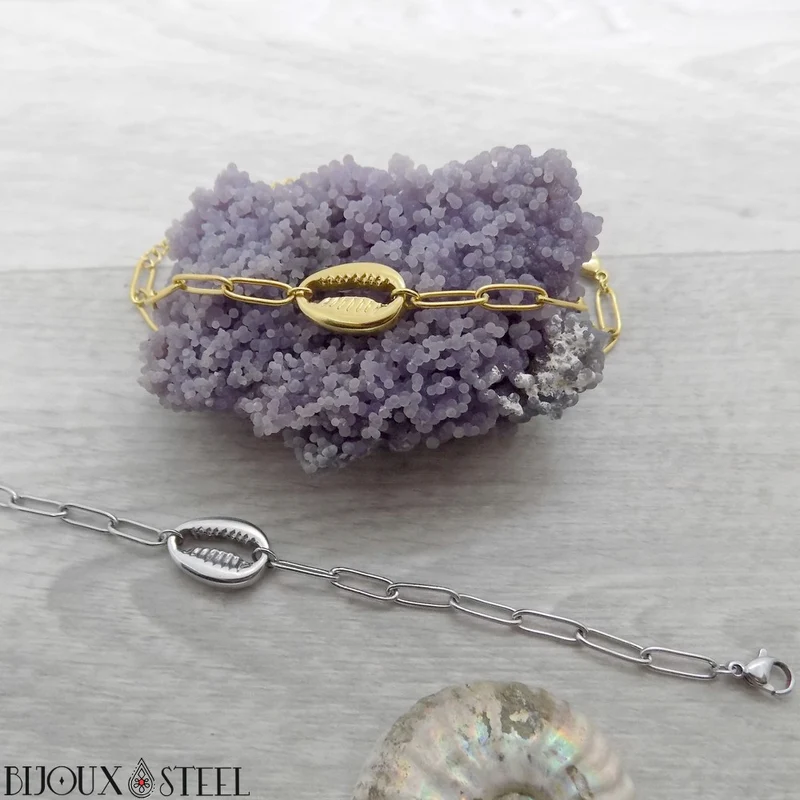 Bracelet cauri à maille trombone en acier inoxydable