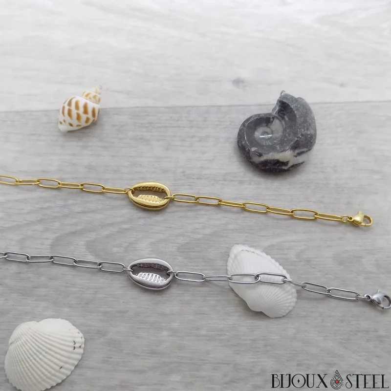 Bracelet cauri à maille trombone en acier inoxydable