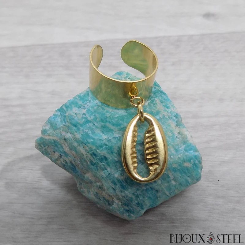 Bague large pampille ajustable à coquillage cauri en acier inoxydable