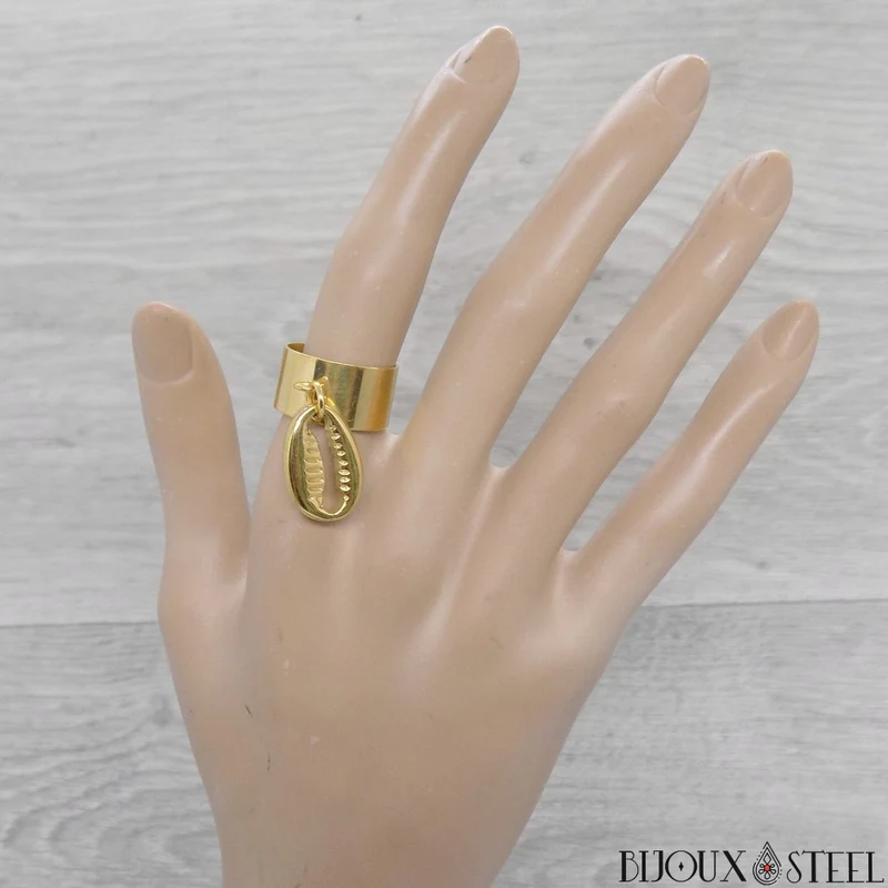 Bague large pampille ajustable à coquillage cauri en acier inoxydable