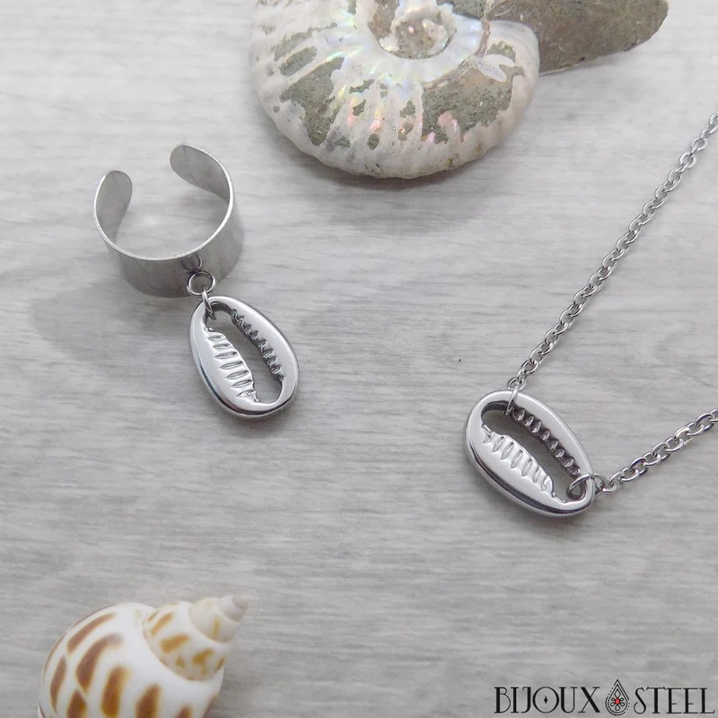 Bague large pampille ajustable à coquillage cauri en acier inoxydable