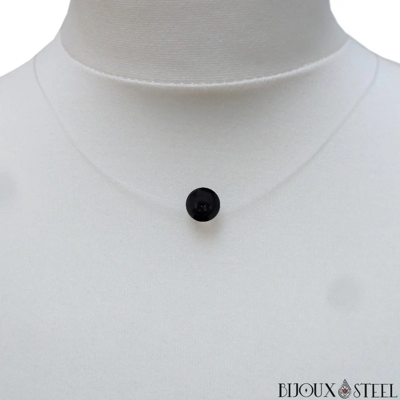 Collier à perle de tourmaline noire sur fil de nylon