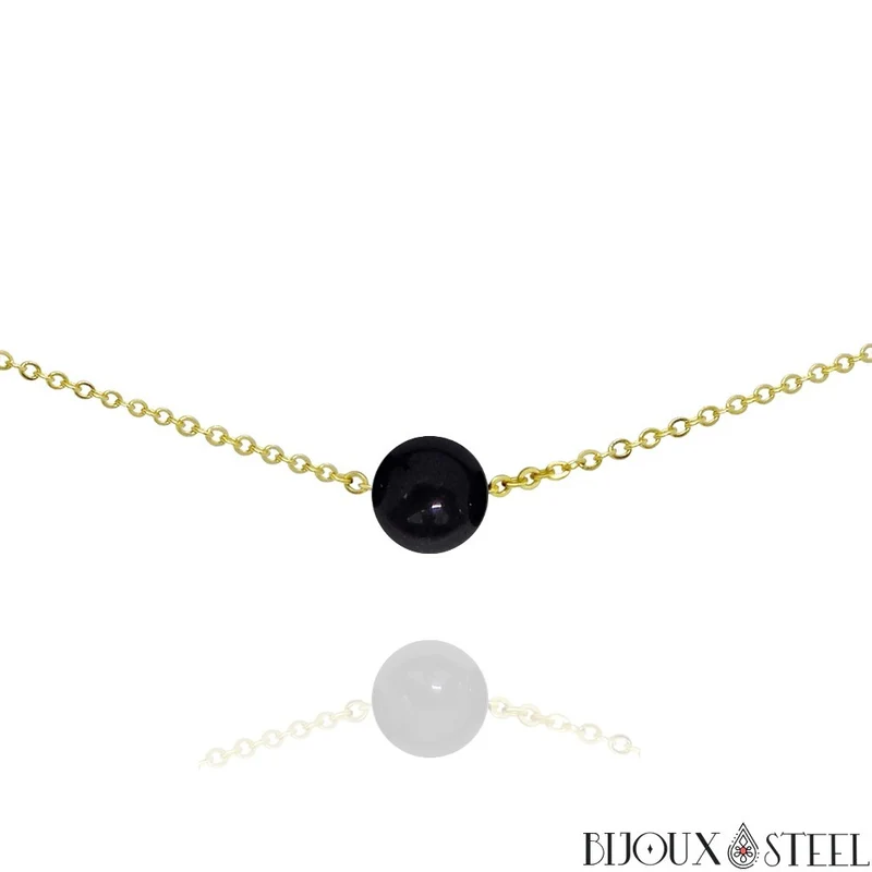 Collier à perle de tourmaline noire en acier inoxydable