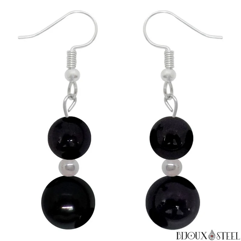 Boucles d'oreilles pendantes doubles perles en tourmaline noire
