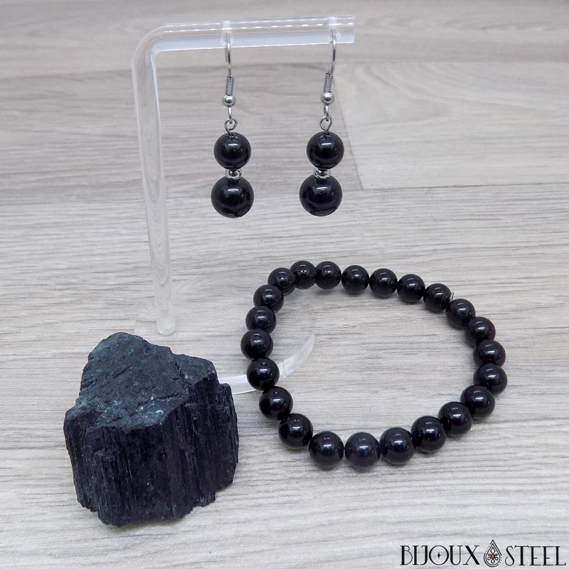 Boucles d'oreilles pendantes doubles perles en tourmaline noire