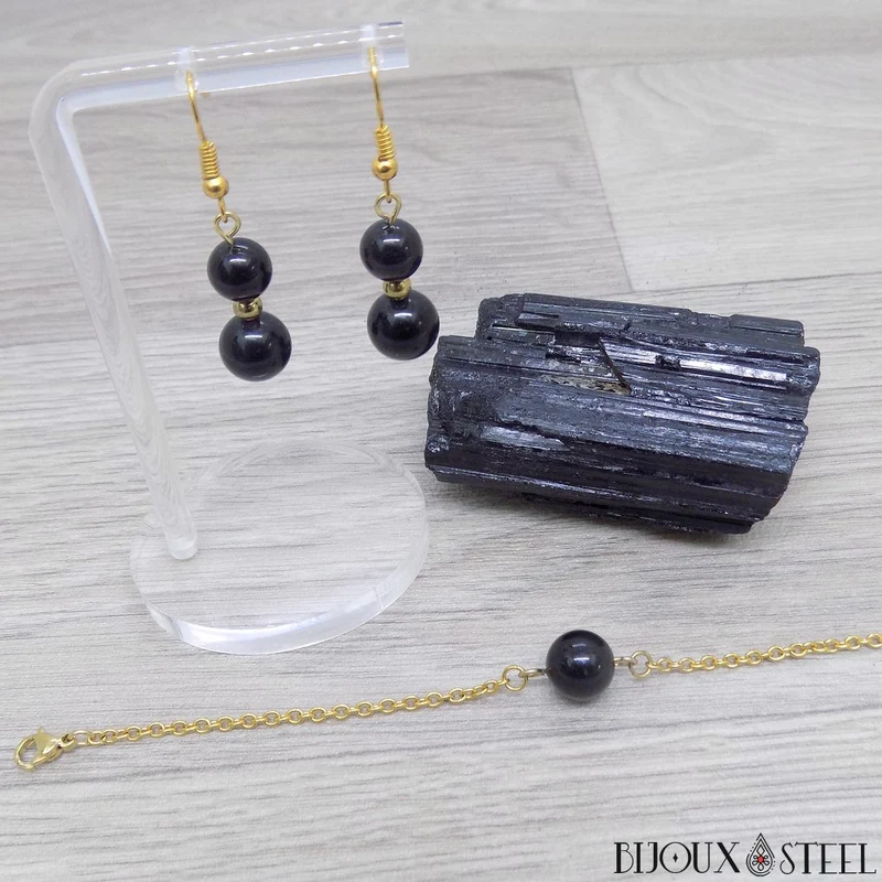 Boucles d'oreilles pendantes doubles perles en tourmaline noire