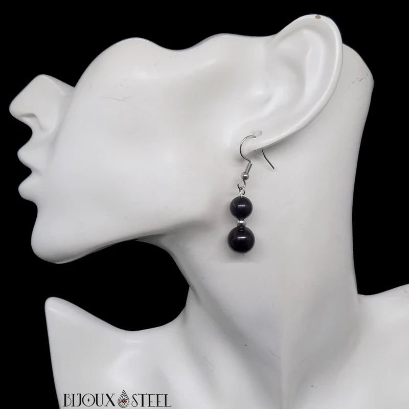 Boucles d'oreilles pendantes doubles perles en tourmaline noire