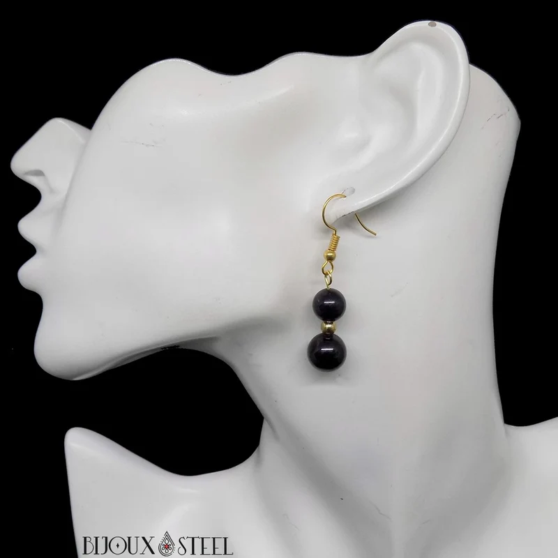 Boucles d'oreilles pendantes doubles perles en tourmaline noire