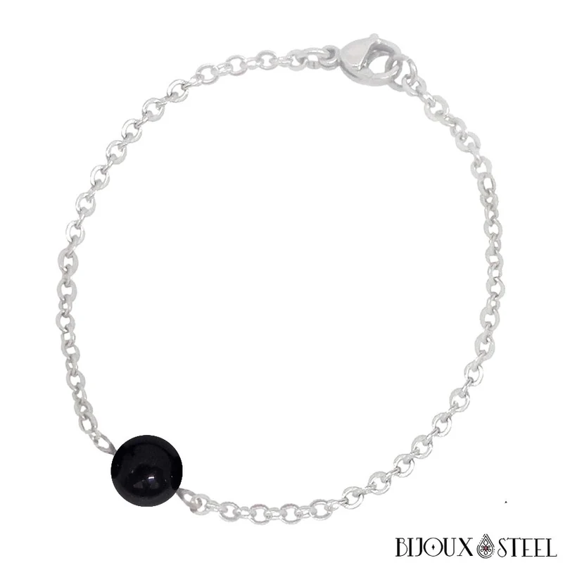 Bracelet à perle de tourmaline noire en acier inoxydable