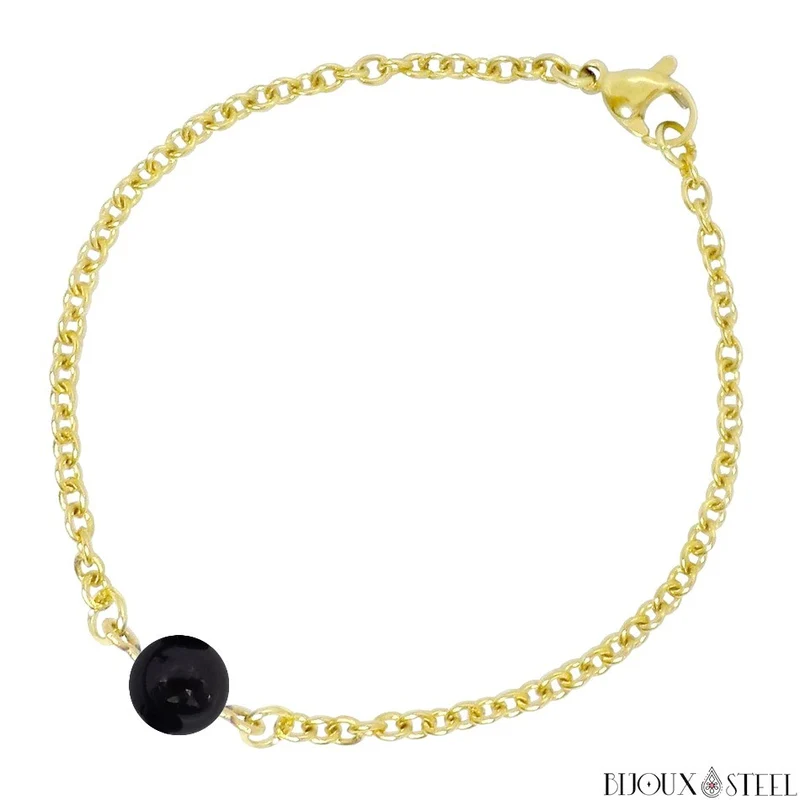 Bracelet à perle de tourmaline noire en acier inoxydable