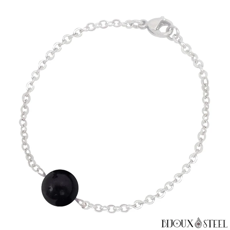 Bracelet à perle de tourmaline noire en acier inoxydable