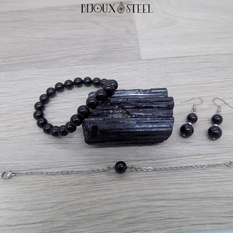 Bracelet à perle de tourmaline noire en acier inoxydable