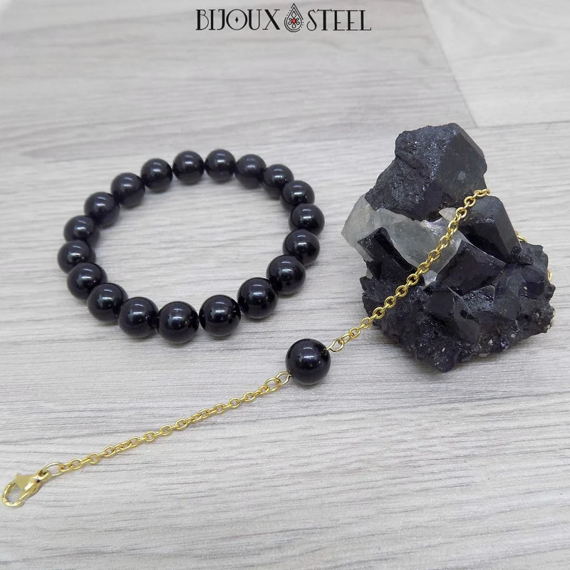Bracelet à perle de tourmaline noire en acier inoxydable