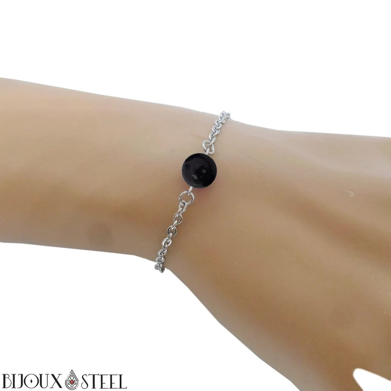 Bracelet à perle de tourmaline noire en acier inoxydable