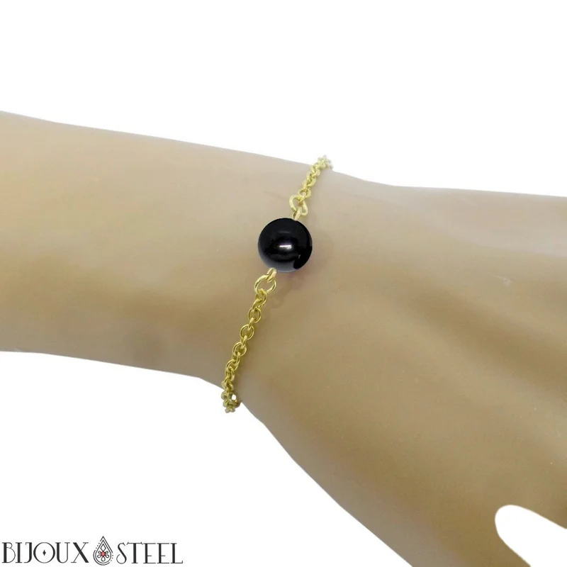 Bracelet à perle de tourmaline noire en acier inoxydable