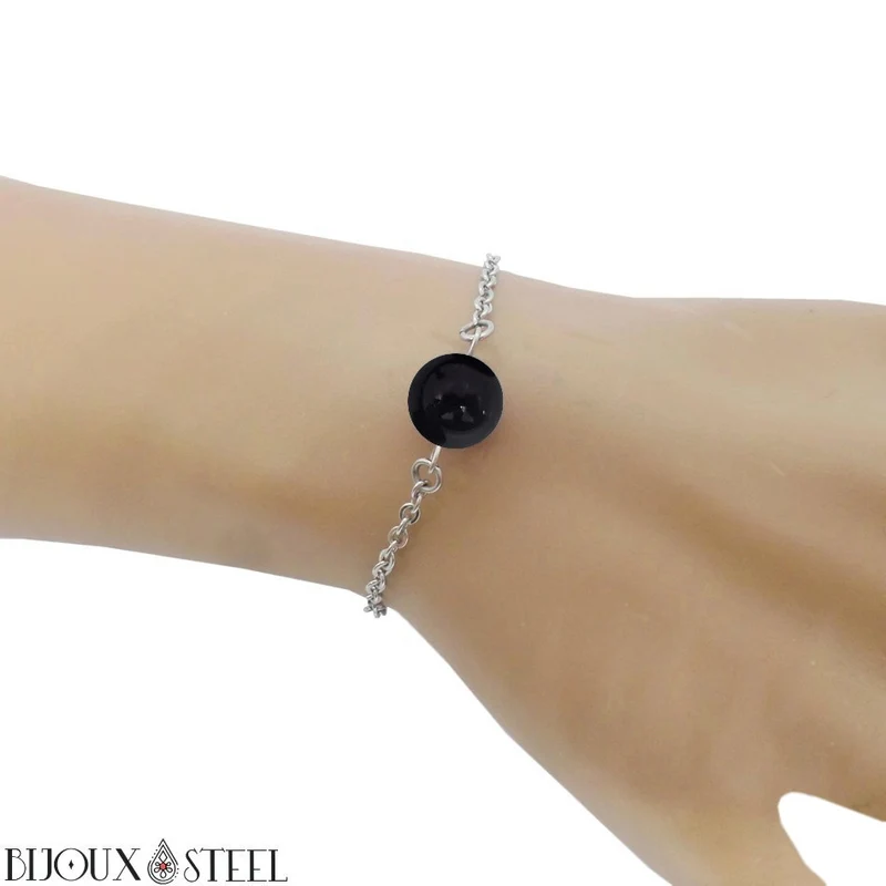 Bracelet à perle de tourmaline noire en acier inoxydable