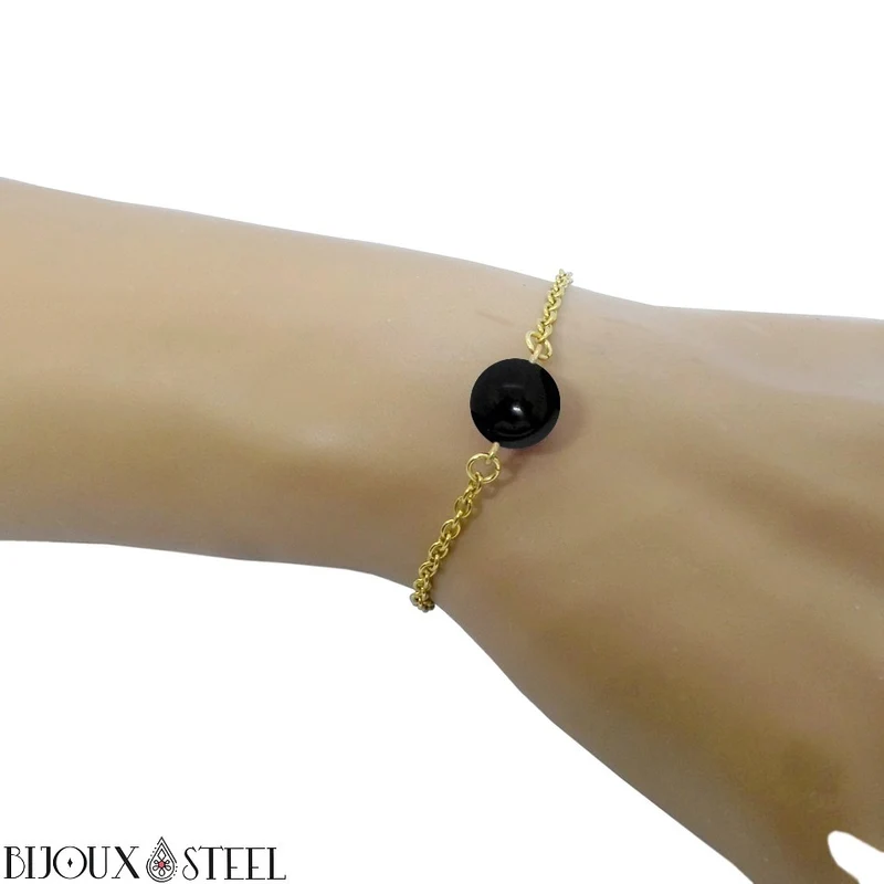 Bracelet à perle de tourmaline noire en acier inoxydable