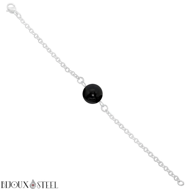 Bracelet à perle de tourmaline noire en acier inoxydable