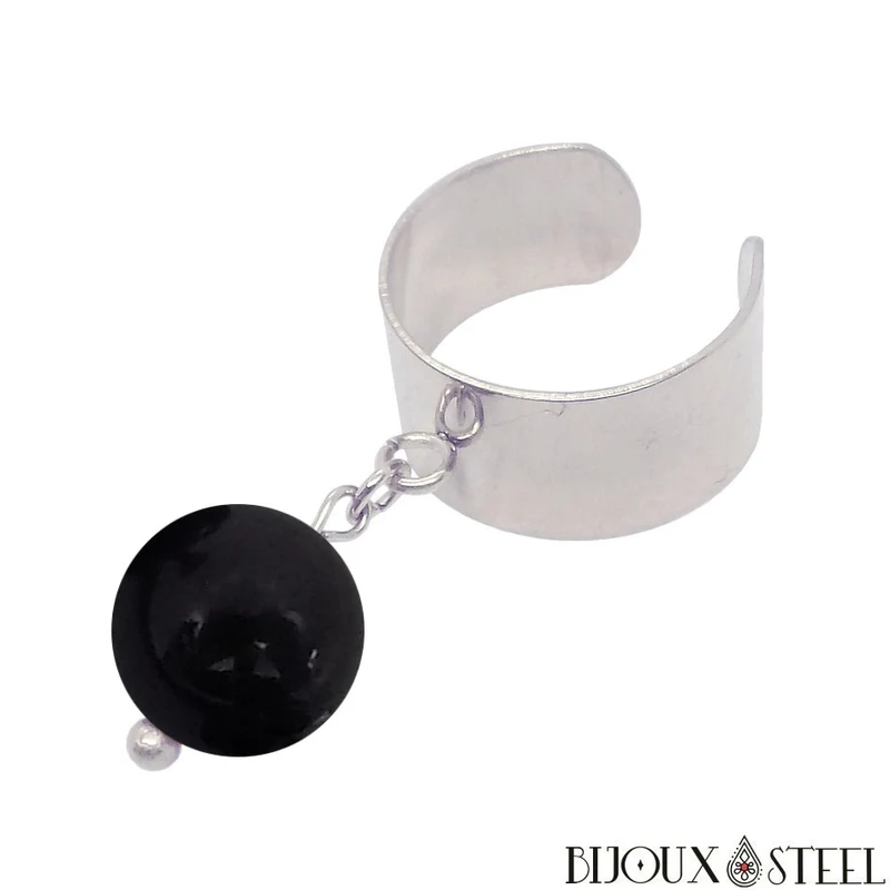 Bague large ajustable à perle de tourmaline noire
