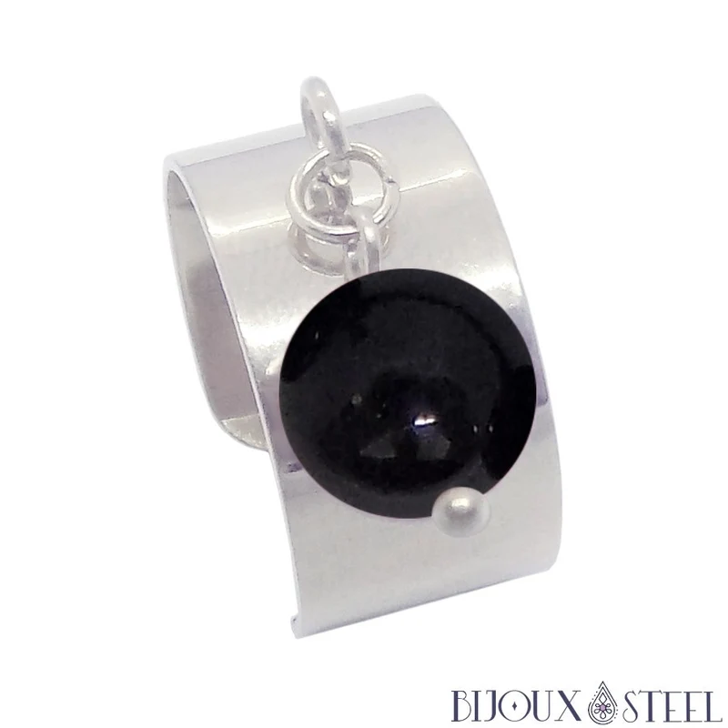 Bague large ajustable à perle de tourmaline noire