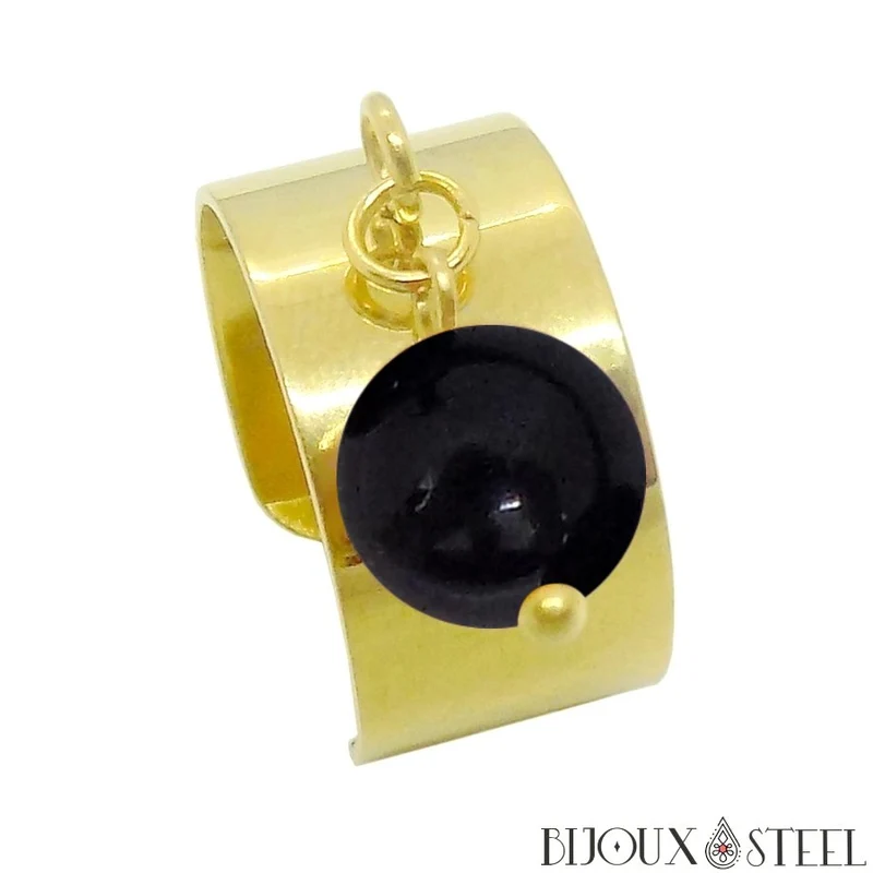Bague large ajustable à perle de tourmaline noire