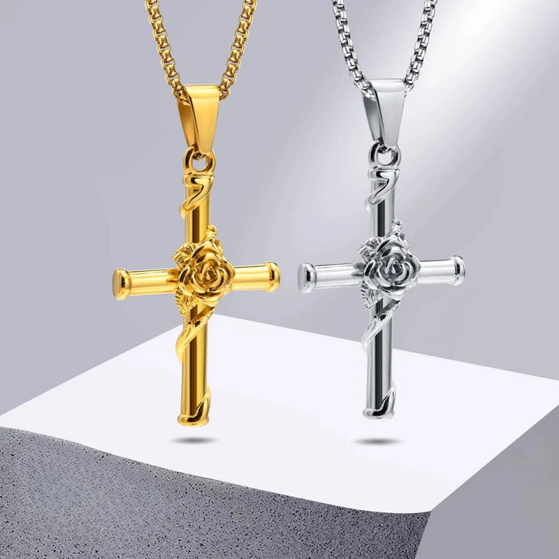 Collier Pendentif Croix et Rose Homme