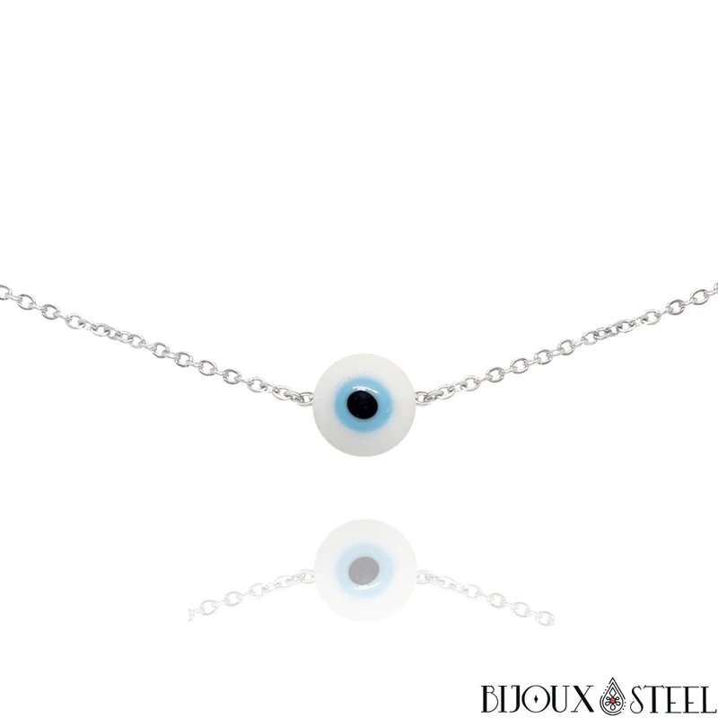 Collier à perle mauvais oeil blanc en acier inoxydable