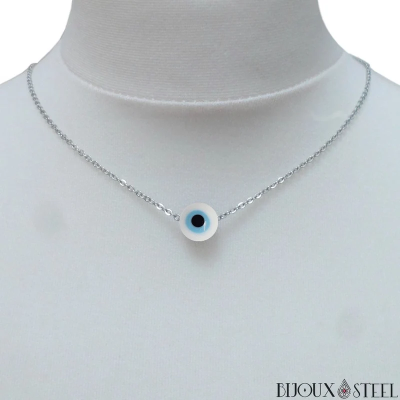 Collier à perle mauvais oeil blanc en acier inoxydable