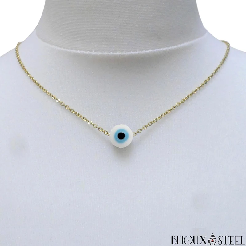 Collier à perle mauvais oeil blanc en acier inoxydable