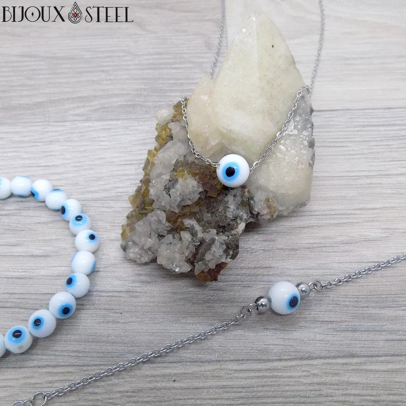Collier à perle mauvais oeil blanc en acier inoxydable