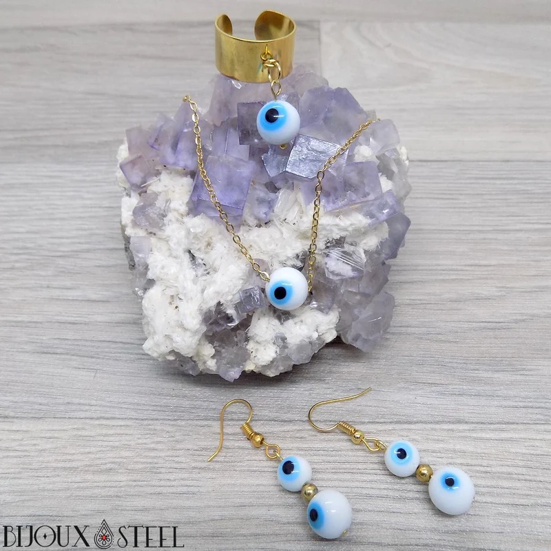 Collier à perle mauvais oeil blanc en acier inoxydable