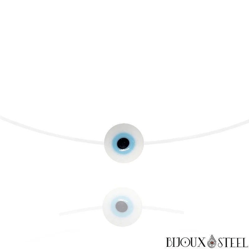 Collier à perle mauvais oeil blanc sur fil de nylon
