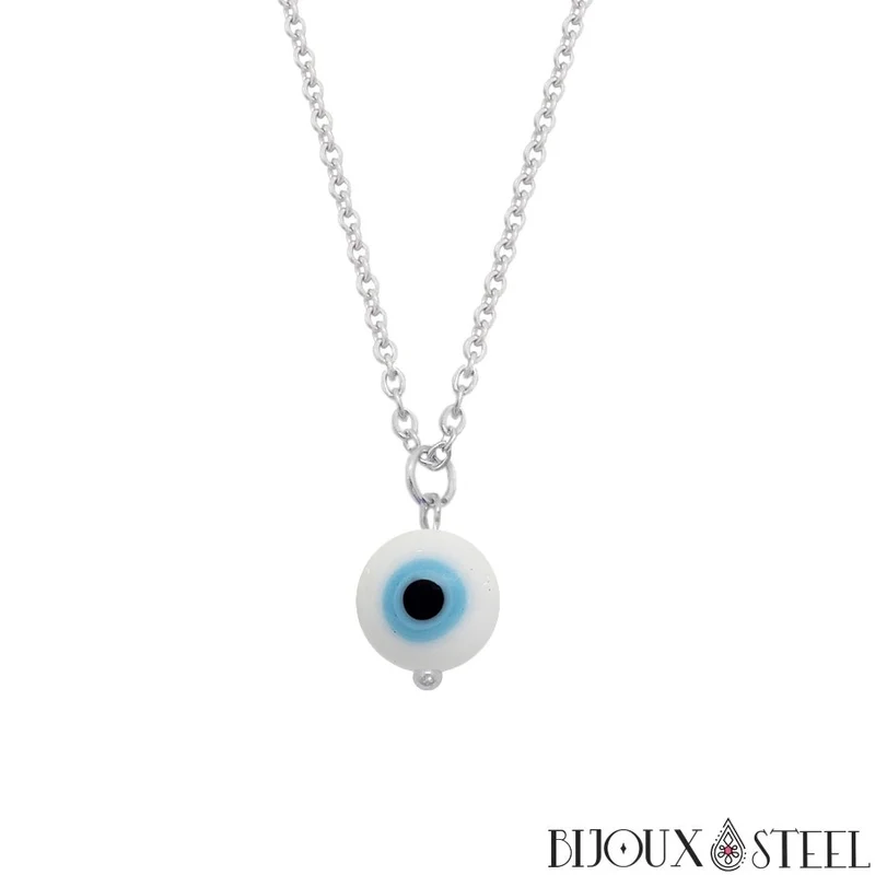 Collier à pendentif perle mauvais oeil blanc