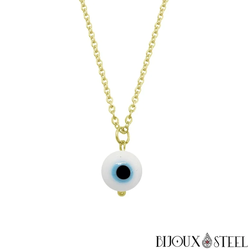 Collier à pendentif perle mauvais oeil blanc