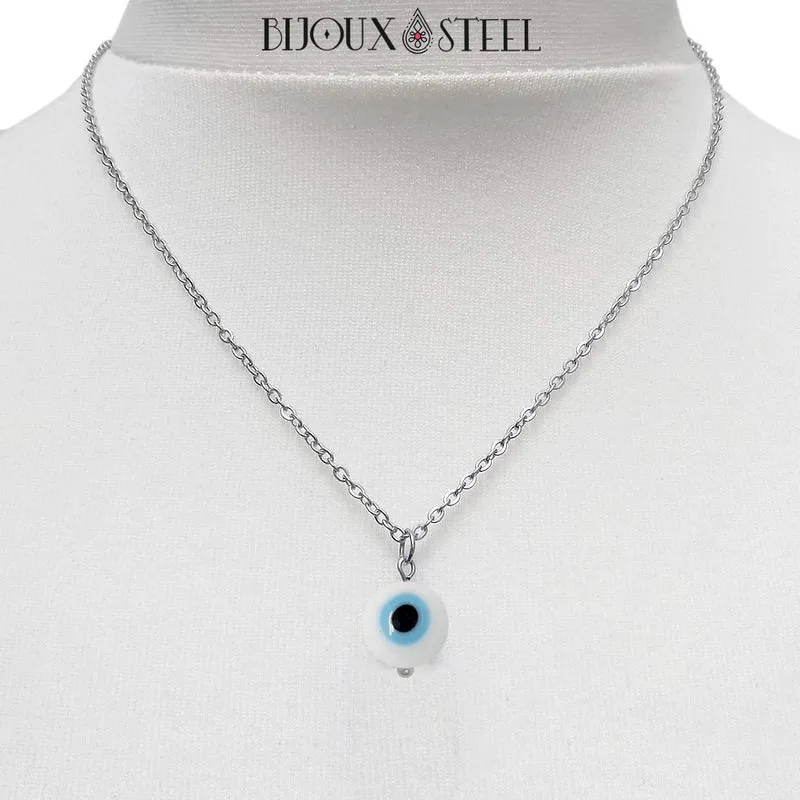 Collier à pendentif perle mauvais oeil blanc