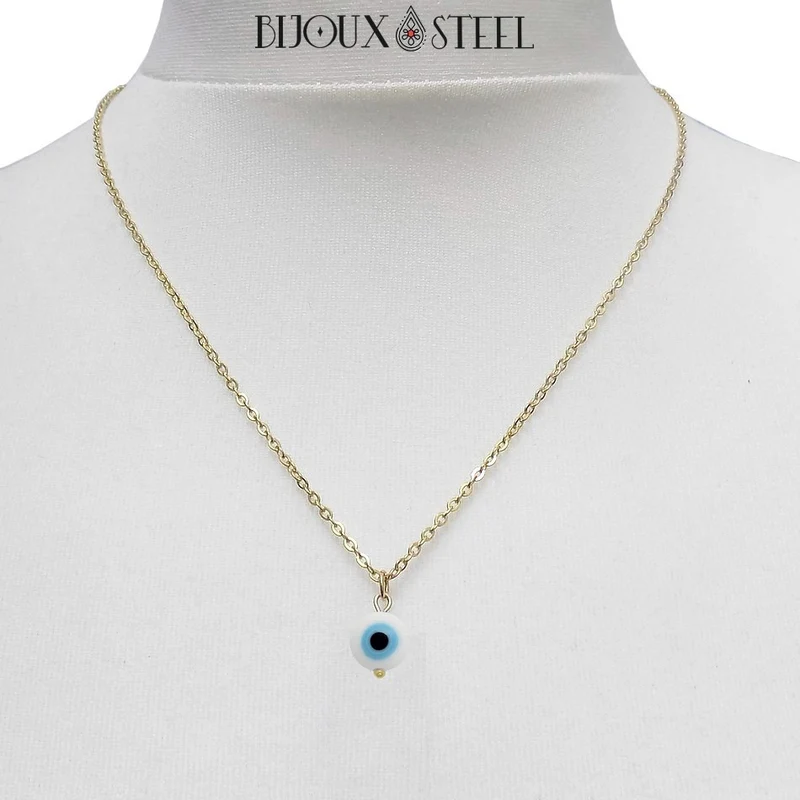 Collier à pendentif perle mauvais oeil blanc