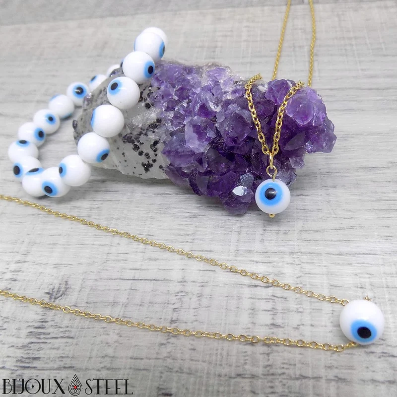 Collier à pendentif perle mauvais oeil blanc