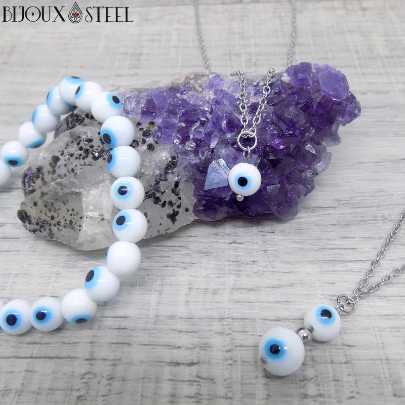 Collier à pendentif perle mauvais oeil blanc