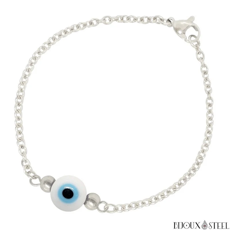 Bracelet perle mauvais oeil blanc en acier inoxydable