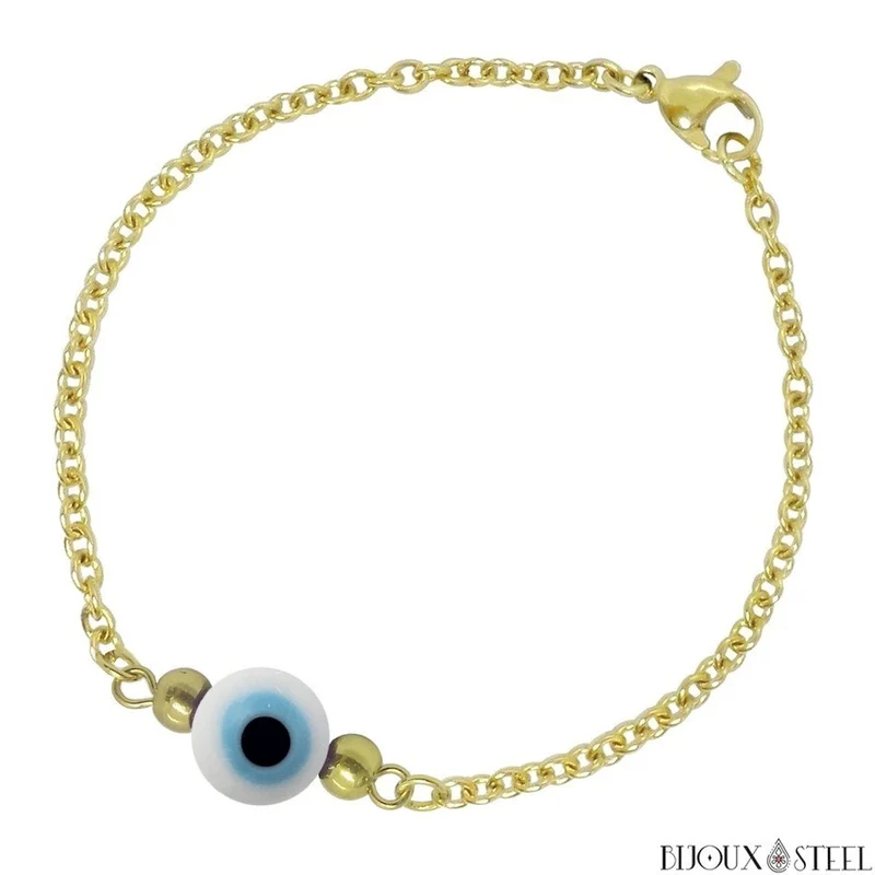 Bracelet perle mauvais oeil blanc en acier inoxydable