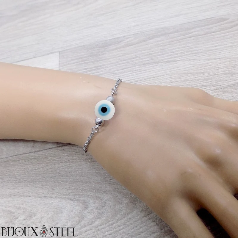 Bracelet perle mauvais oeil blanc en acier inoxydable
