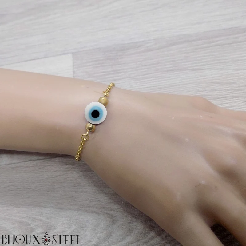 Bracelet perle mauvais oeil blanc en acier inoxydable