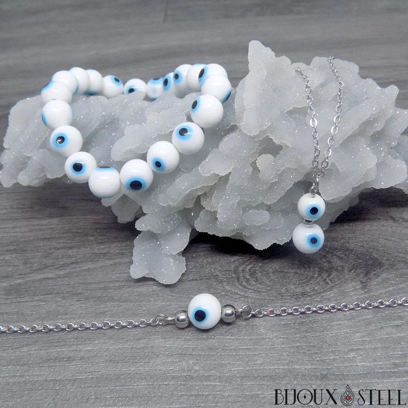Bracelet perle mauvais oeil blanc en acier inoxydable