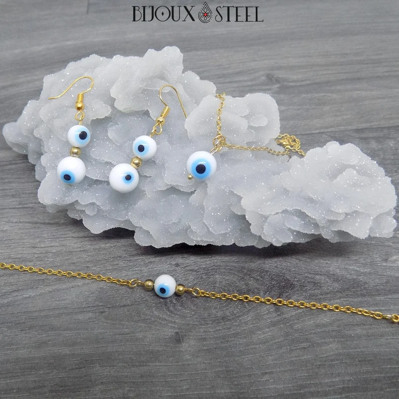 Bracelet perle mauvais oeil blanc en acier inoxydable