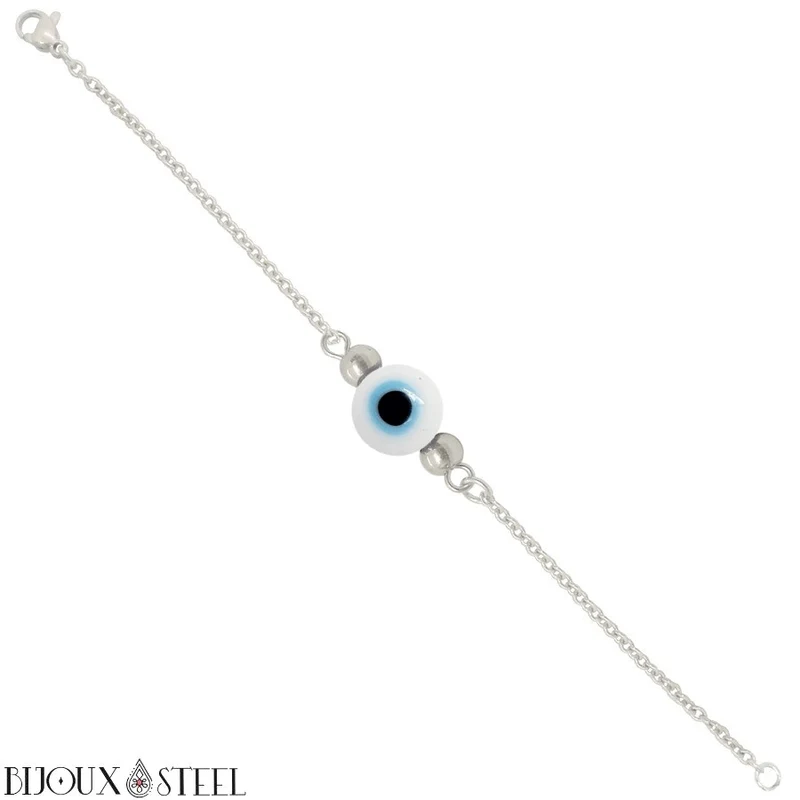 Bracelet perle mauvais oeil blanc en acier inoxydable